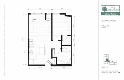 Floor plan for 1 bed, 1 bath, 629 sqft